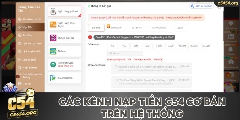 Cách kênh nạp tiền C54 cơ bản trên hệ thống