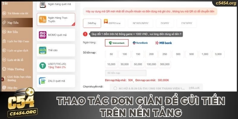 Thao tác đơn giản để gửi tiền trên nền tảng